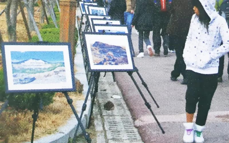 숲길 산책로에 이젤로 세워 둔 산림 사진들을 시민들이 걸음을 멈추고 바라보는 모습