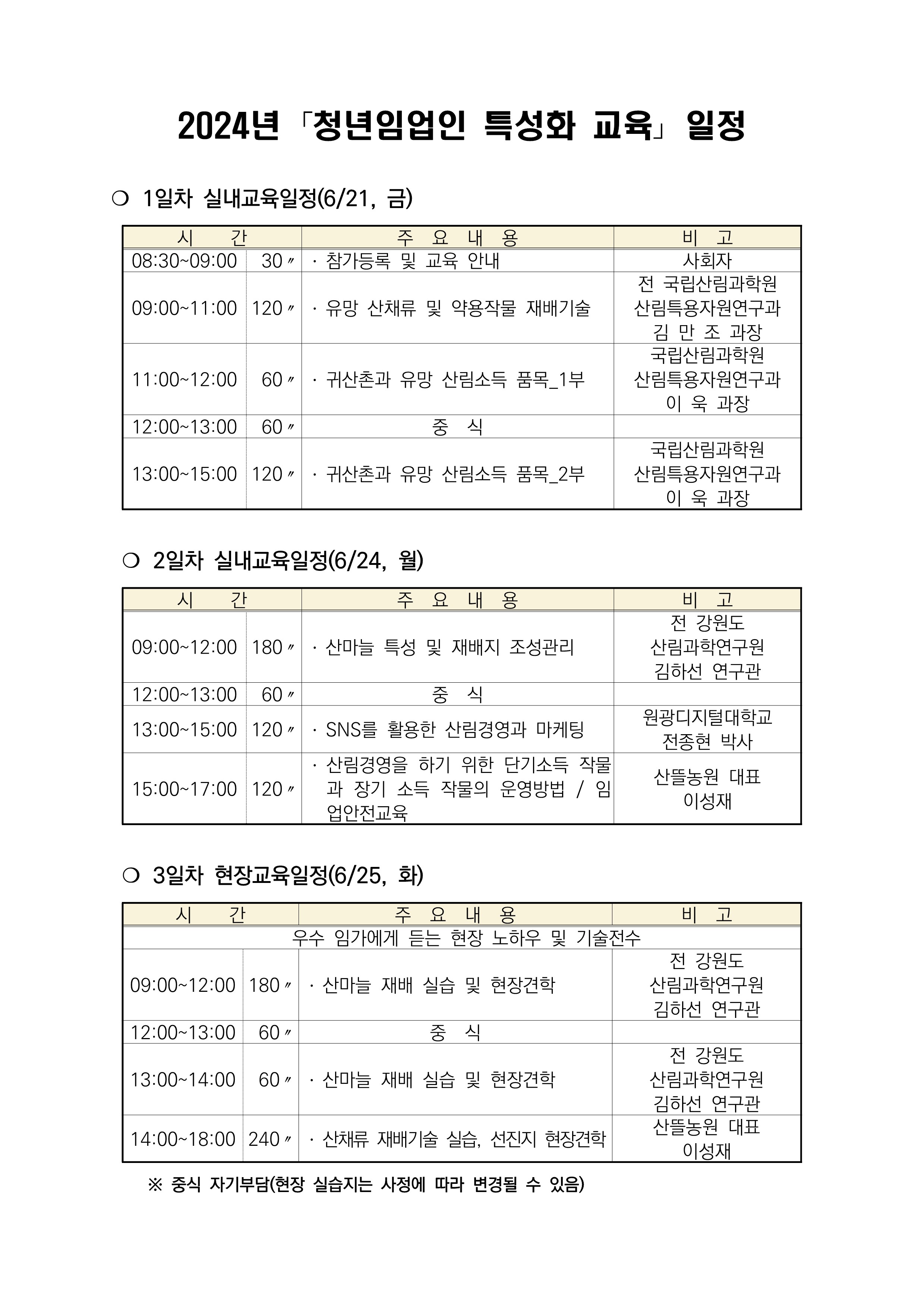 2024년 청년임업인 특성화 교육 일정표: 1일차 실내교육(6월 21일) 참가등록과 유망 산채류·약용작물 재배기술, 2일차 실내교육(6월 24일) 산마늘 특성과 산림경영 마케팅·임업컨설팅, 3일차 현장교육(6월 25일) 산마늘 재배 실습 및 현장견학
